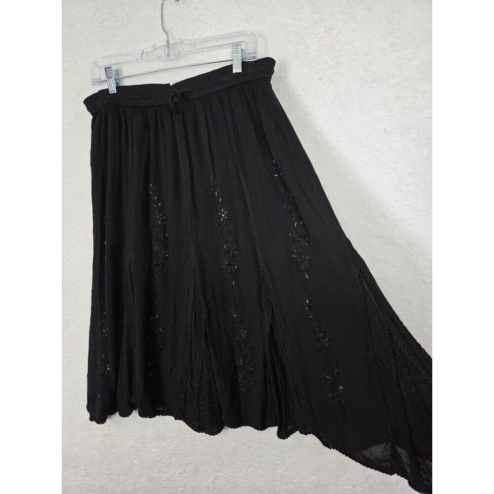 Dark Fairy Grunge Peasant Skirt M Black Embroidered Beaded Boho Flowy Gauzy - Picture 2 of 8